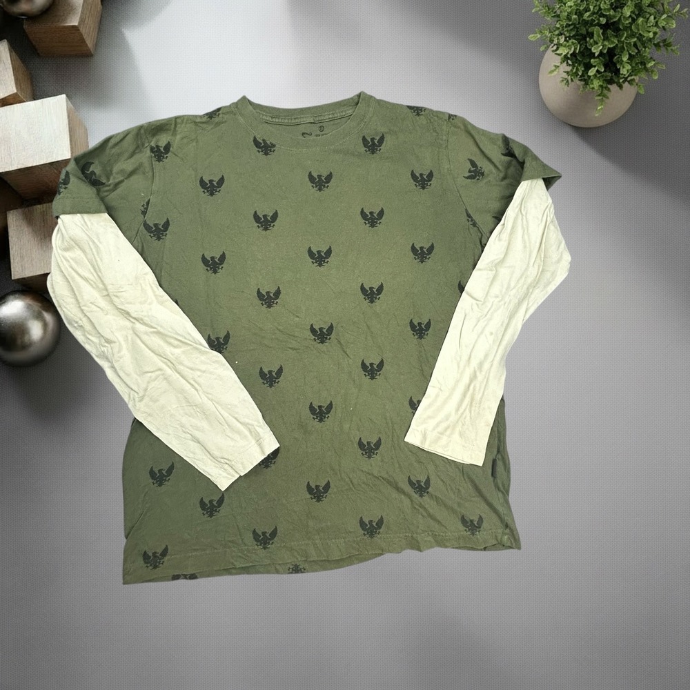 Vintage Y2K Layered Long Sleeve Shirt XL Olive Green Eagle Print Skater Grunge